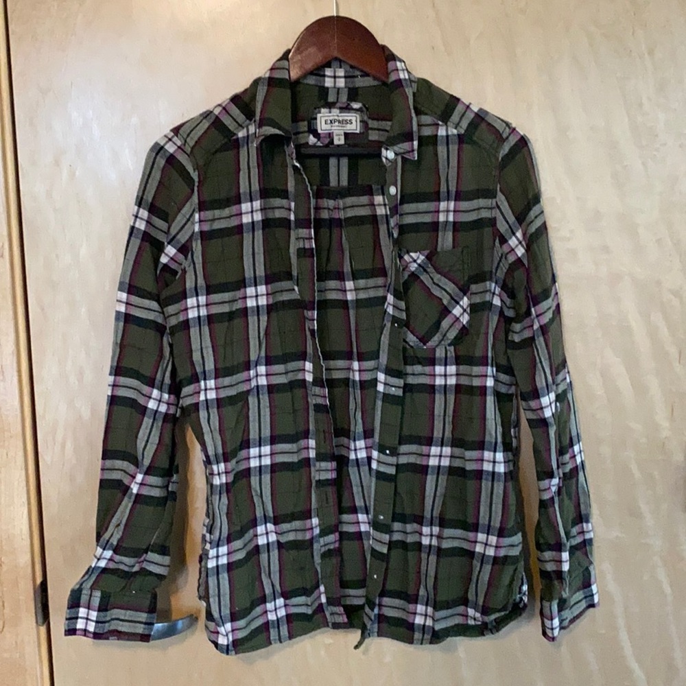 Express | olive green plaid boyfriend flannel